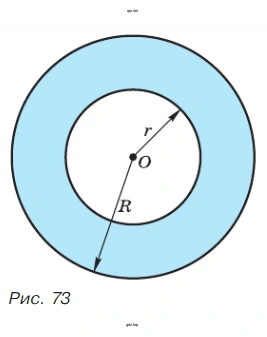Упражнение 408. Составьте формулу для вычисления площади кольца, изображённого на рисунке 73. Найдите площадь кольца, если R = 6,4 см, r = 3,6 см