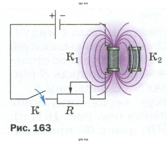 Увеличивается или уменьшается магнитный поток через катушку К₂ при движении ползунка реостата вправо?