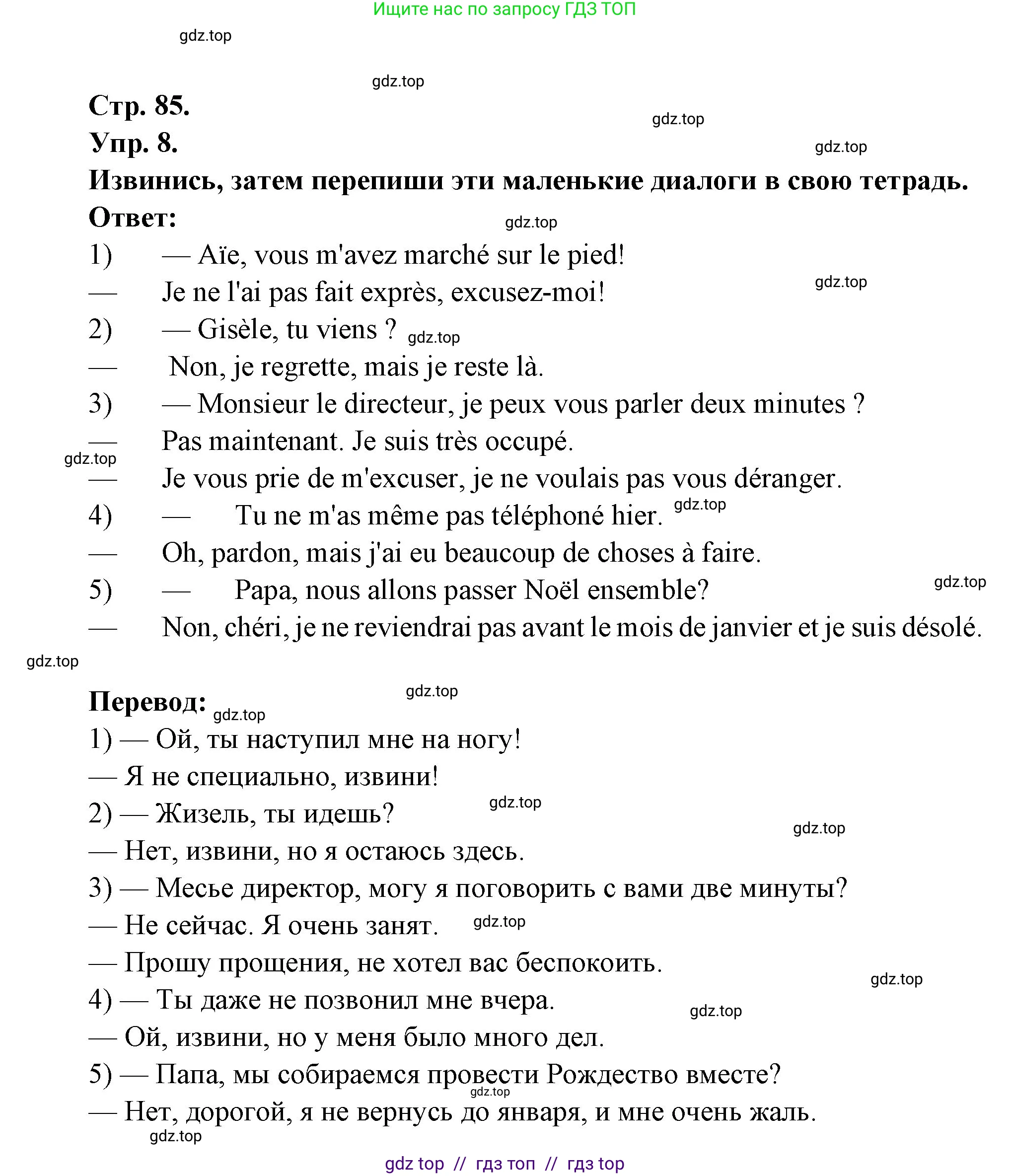 Французский язык, 7 класс Учебник, авторы: Селиванова Наталья Алексеевна (Sélivanova N), Шашурина Алла Юрьевна (Chachourina A), издательство Просвещение, Москва, 2019, страница 85, Решение