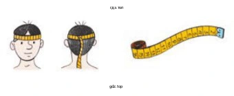 Рассмотри рисунок. На нём показано, как определяют размер шапки в сантиметрах.