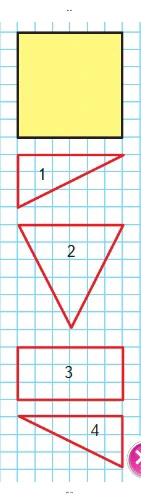  Из каких трёх фигур можно составить квадрат? Запиши их номера. У какой из этих фигур есть ось симметрии?