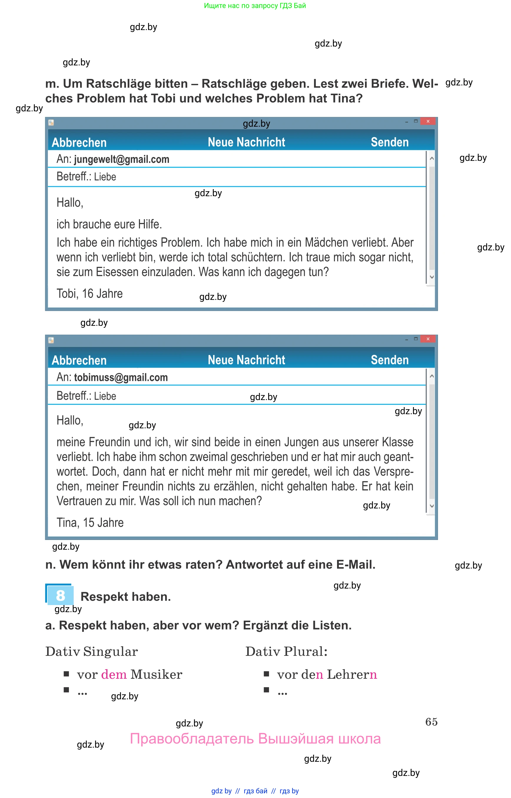 Немецкий язык (Deutsch), 9 класс Учебник (Schülerbuch), авторы: Будько Антонина Филипповна (Budjko Antonina), Урбанович Инна Ювинальевна (Urbanowitsch Ina), издательство Вышэйшая школа, Минск, 2018, серого цвета, страница 65