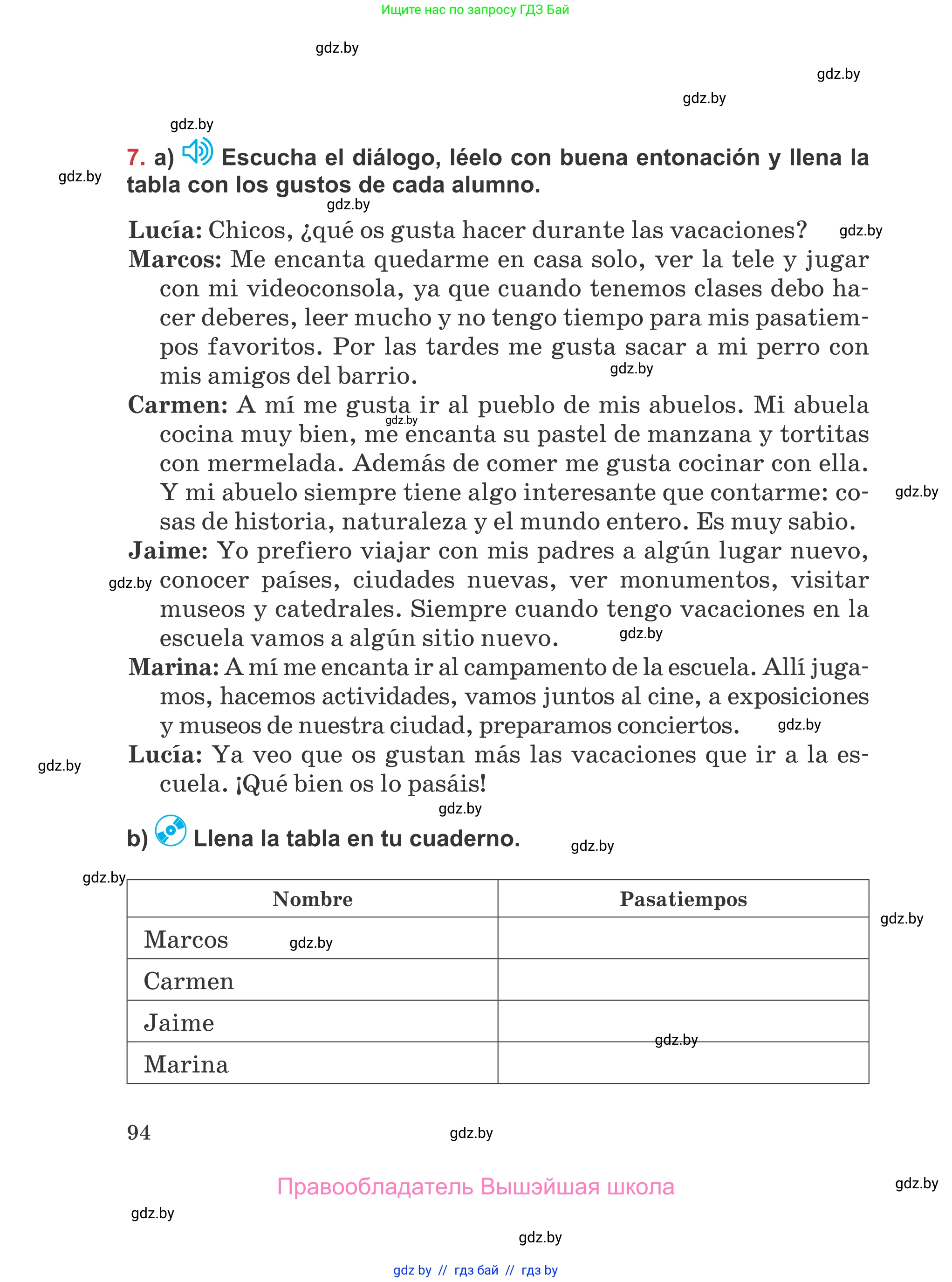 Испанский язык, 5 класс Учебник, авторы: Цыбулева Татьяна Эдуардовна, Пушкина Ольга Александровна, издательство Вышэйшая школа, Минск, 2017, оранжевого цвета, страница 94