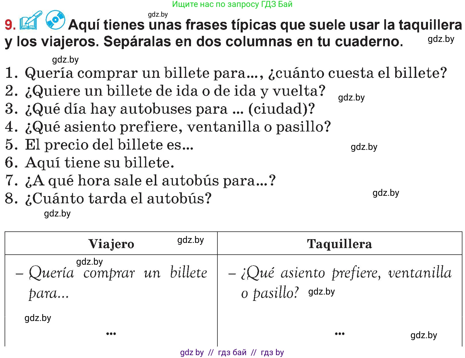 Испанский язык, 5 класс Учебник, авторы: Цыбулева Татьяна Эдуардовна, Пушкина Ольга Александровна, издательство Вышэйшая школа, Минск, 2017, оранжевого цвета, страница 54, номер 9, Условие