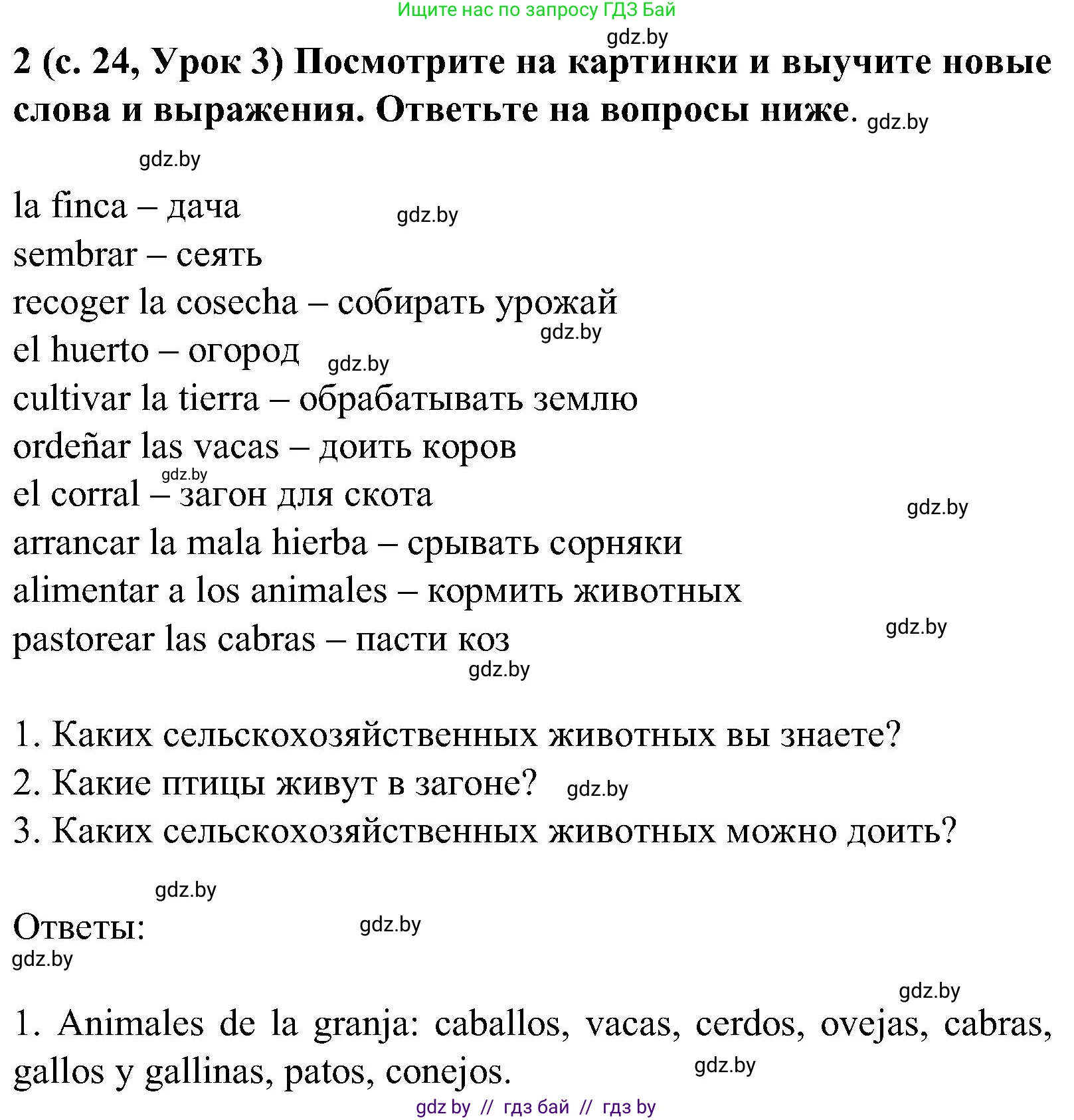Испанский язык, 5 класс Учебник, авторы: Цыбулева Татьяна Эдуардовна, Пушкина Ольга Александровна, издательство Вышэйшая школа, Минск, 2017, оранжевого цвета, страница 24, номер 2, Решение