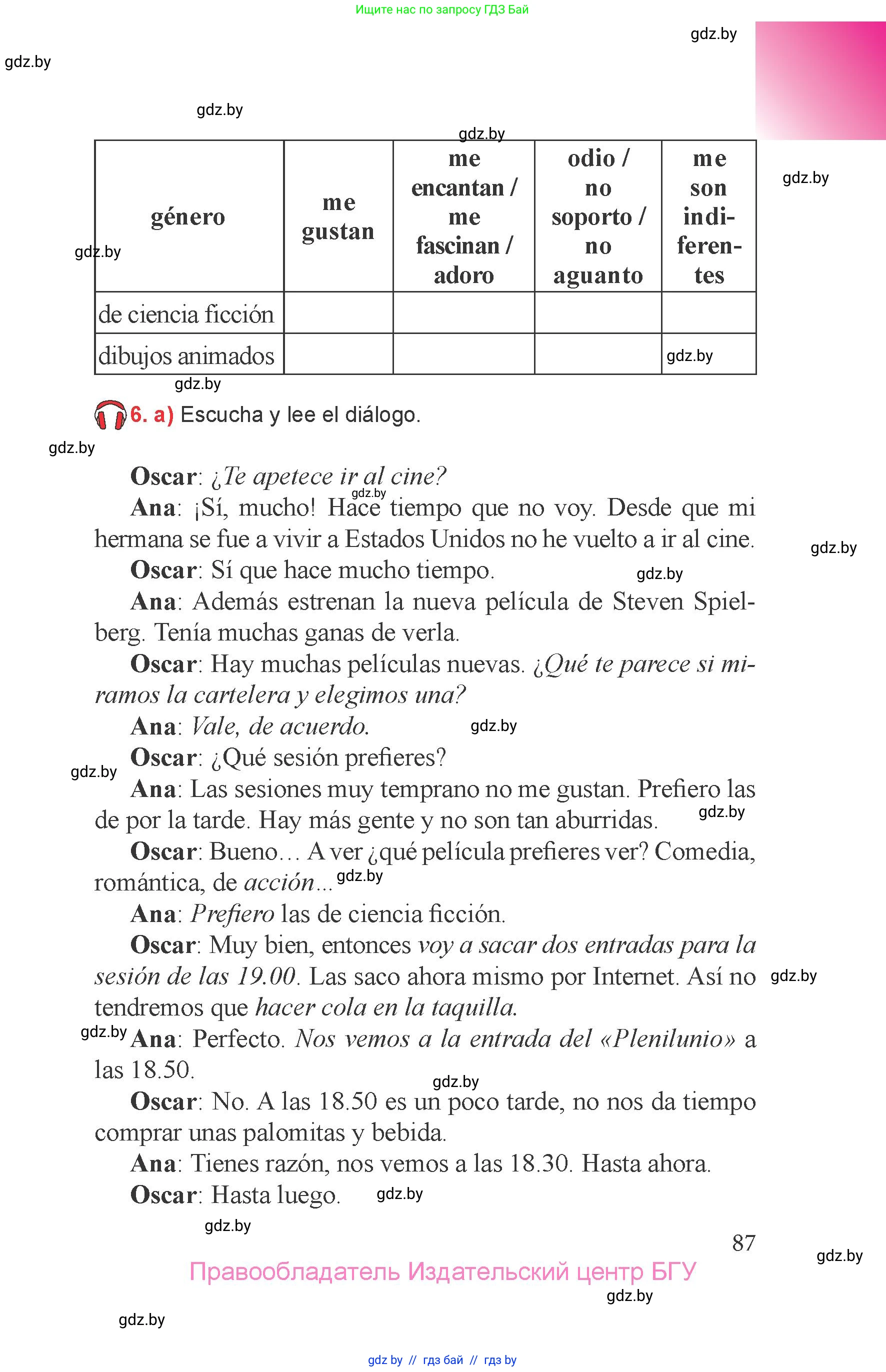 Испанский язык, 6 класс Учебник, авторы: Цыбулева Татьяна Эдуардовна, Пушкина Ольга Александровна, издательство Издательский центр БГУ, Минск, 2018, Часть 1, страница 87