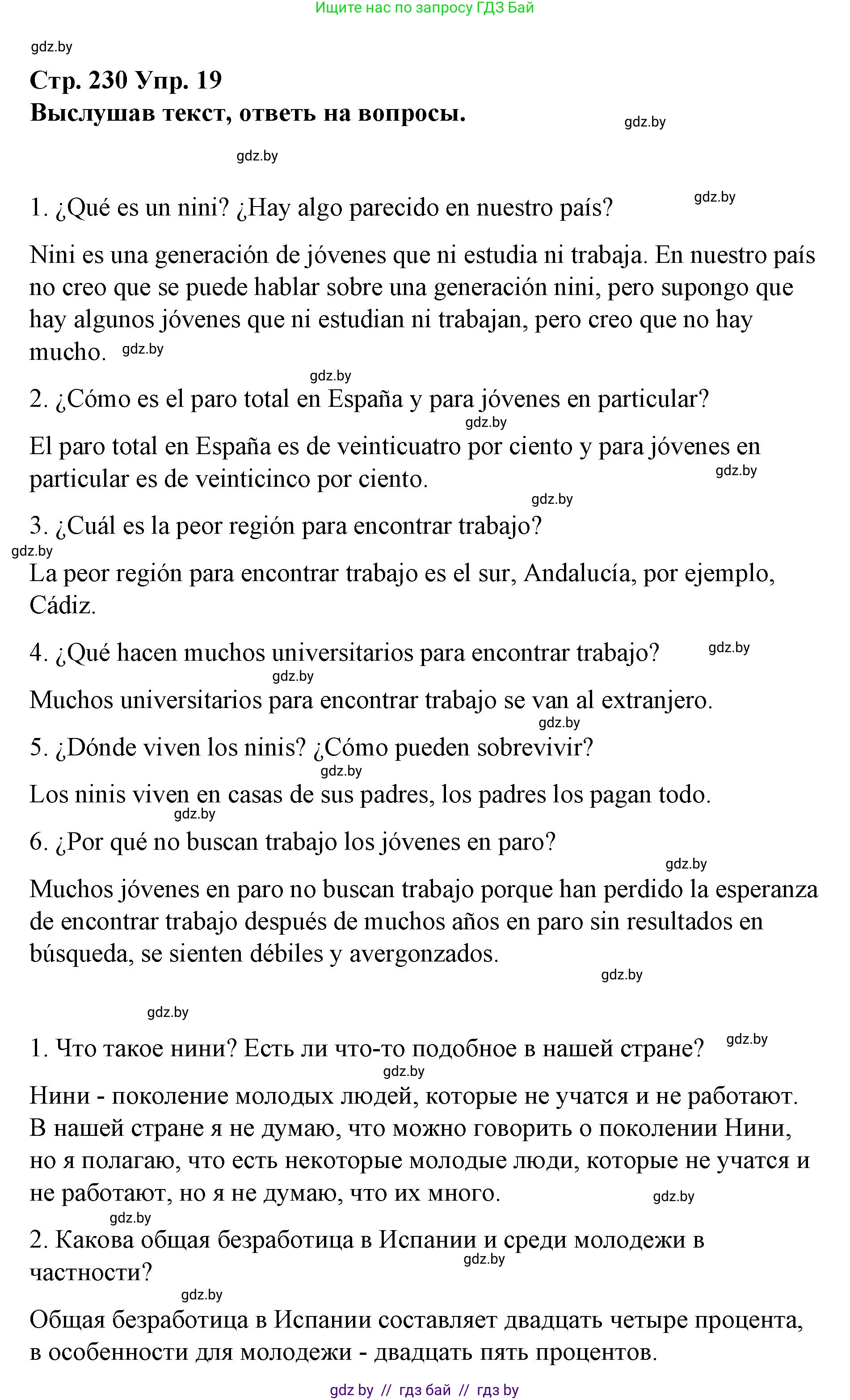 Испанский язык, 10 класс Учебник, авторы: Гриневич Елена Карловна, Янукенас Ольга Викторовна, издательство Вышэйшая школа, Минск, 2019, оранжевого цвета, страница 230, номер 19, Решение